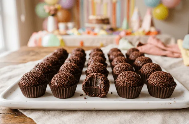 Brigadeiros au chocolat enrobés de vermicelles dans leurs caissettes, l’un croqué sur son cœur fondant, sur une table d’anniversaire