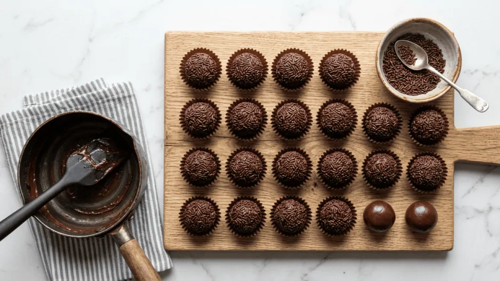 Brigadeiros au chocolat maison alignés dans leurs caissettes sur une planche, avec la casserole et les vermicelles