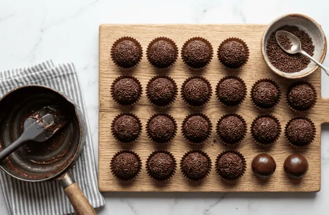 Brigadeiros au chocolat maison alignés dans leurs caissettes sur une planche, avec la casserole et les vermicelles