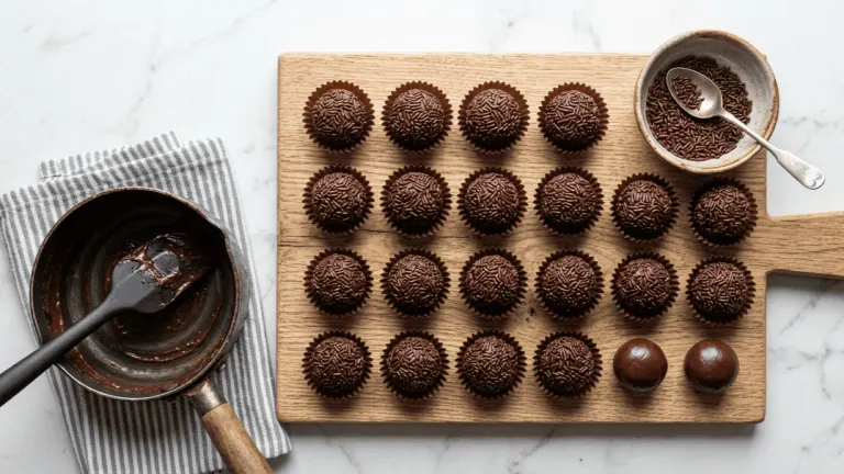 Brigadeiros au chocolat maison alignés dans leurs caissettes sur une planche, avec la casserole et les vermicelles