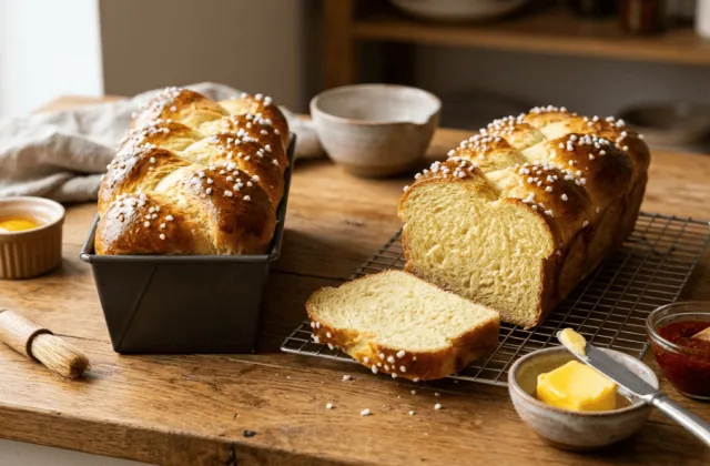 Brioche maison moelleuse tressée au sucre perlé, dans son moule et sur une grille, tranche à la mie filante, beurre et confiture