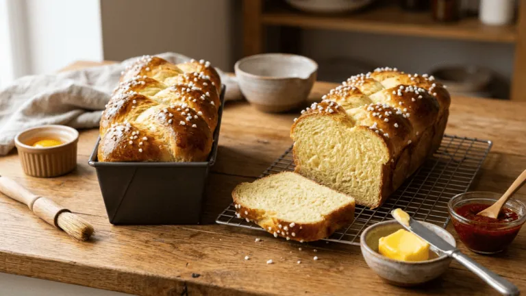 Brioche maison moelleuse tressée au sucre perlé, dans son moule et sur une grille, tranche à la mie filante, beurre et confiture