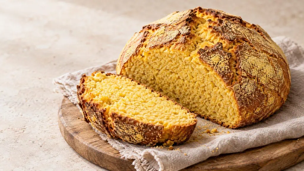 Pain broa portugais entier et tranché montrant sa mie jaune de maïs