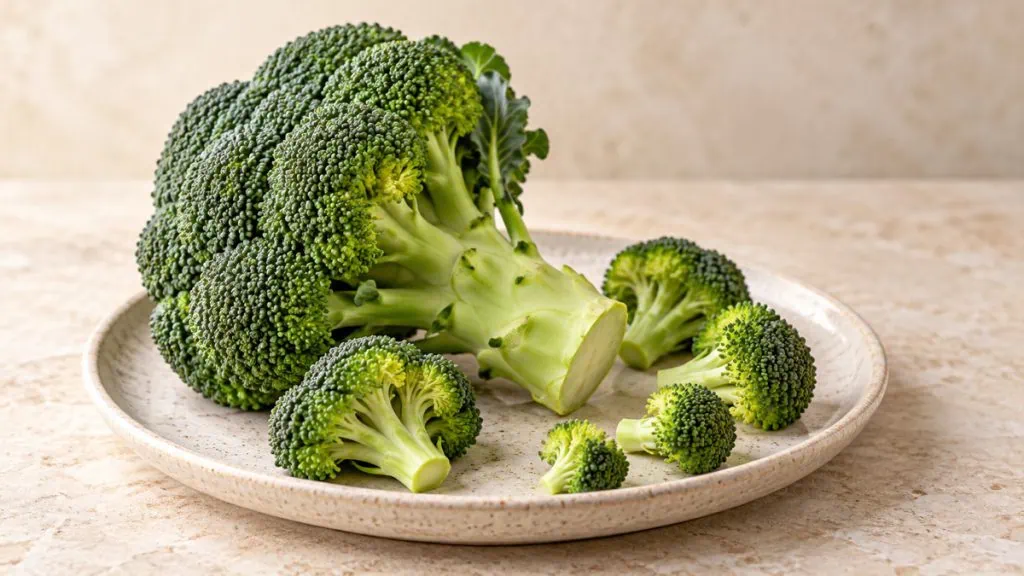 Brocoli frais entier et fleurettes sur une assiette en grès clair