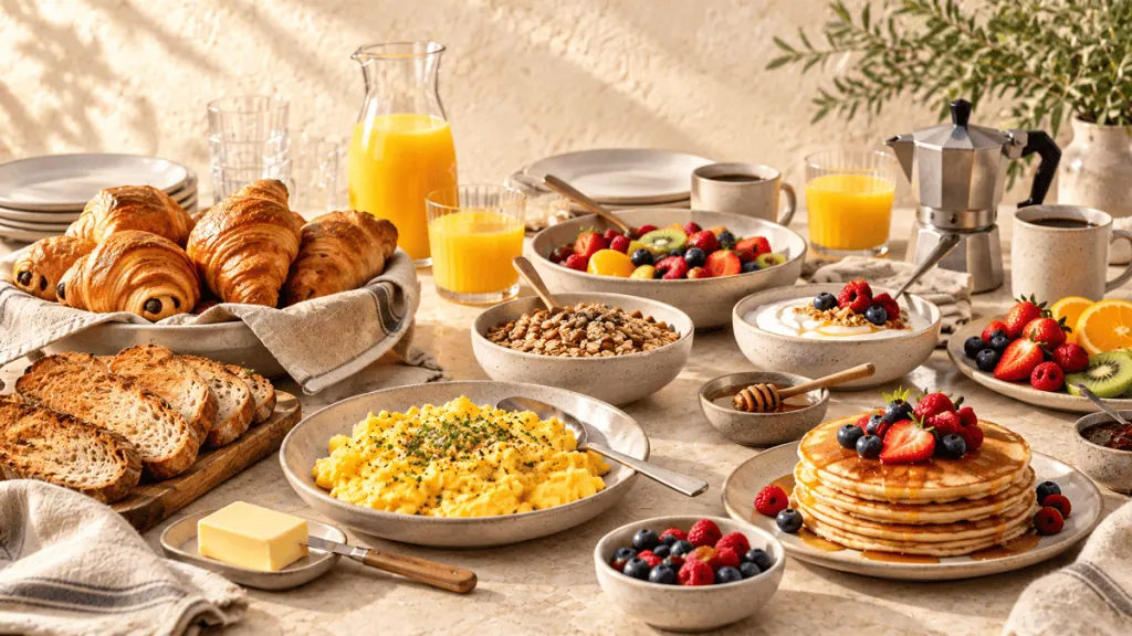 Table de brunch avec œufs, viennoiseries, pancakes, fruits et boissons