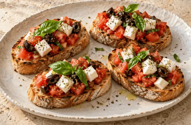 Bruschette de pain grillé garnies de tomate, mozzarella, basilic et olives noires