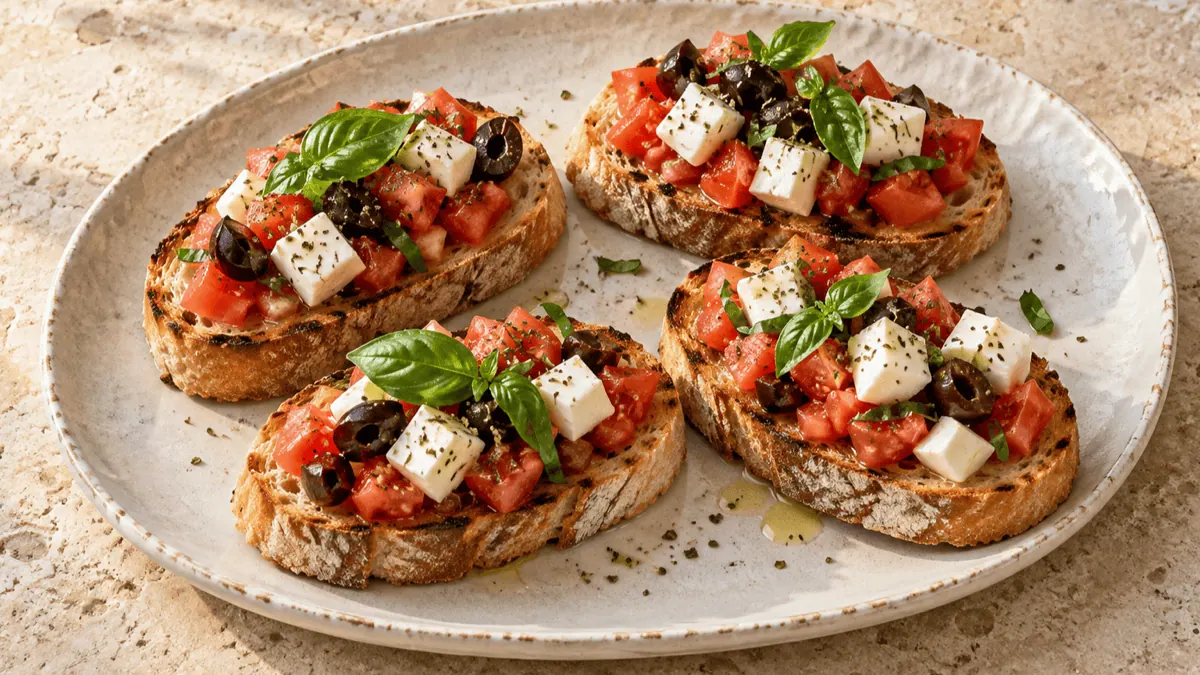 Bruschette de pain grillé garnies de tomate, mozzarella, basilic et olives noires