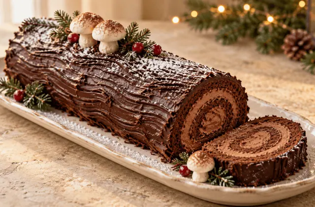 Bûche de Noël au chocolat striée comme une écorce, décorée de sucre glace et de champignons en meringue