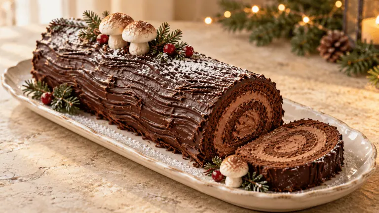 Bûche de Noël au chocolat striée comme une écorce, décorée de sucre glace et de champignons en meringue