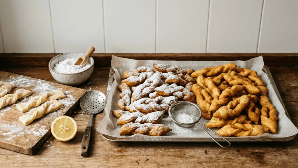 Bugnes lyonnaises maison tout juste frites sur une plaque, moitié saupoudrées de sucre glace, pâte nouée sur planche