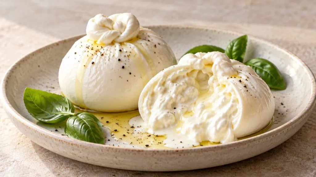 Burrata italienne entière et ouverte au cœur crémeux
