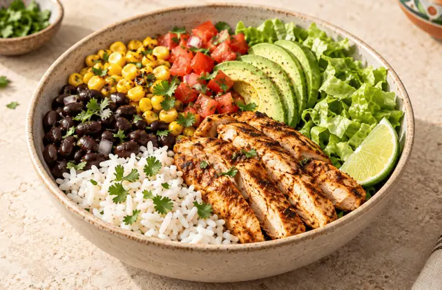 Burrito bowl au poulet grillé, riz, haricots noirs, maïs et avocat