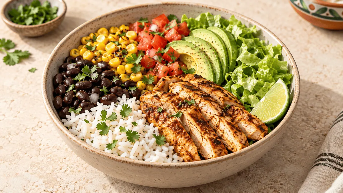 Burrito bowl au poulet grillé, riz, haricots noirs, maïs et avocat