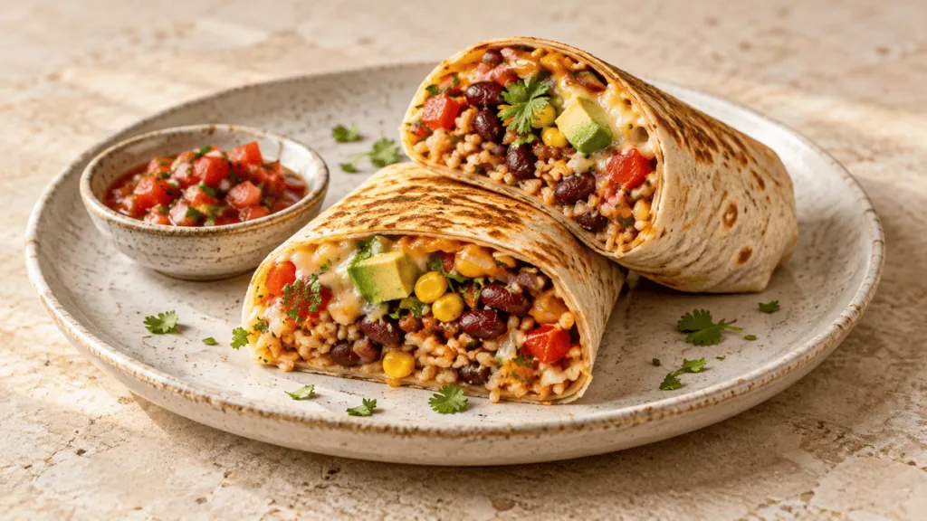 Burrito végétarien aux haricots rouges, riz, maïs et avocat