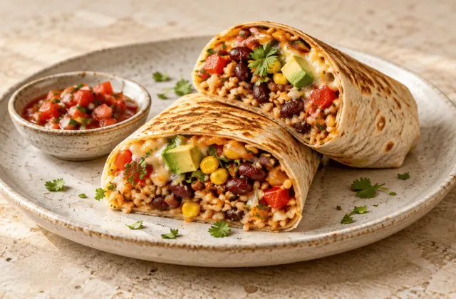 Burrito végétarien aux haricots rouges, riz, maïs et avocat