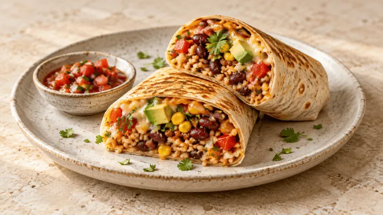 Burrito végétarien aux haricots rouges, riz, maïs et avocat