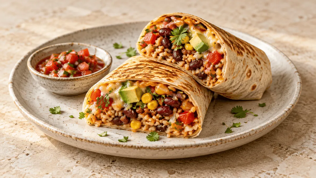 Burrito végétarien aux haricots rouges, riz, maïs et avocat