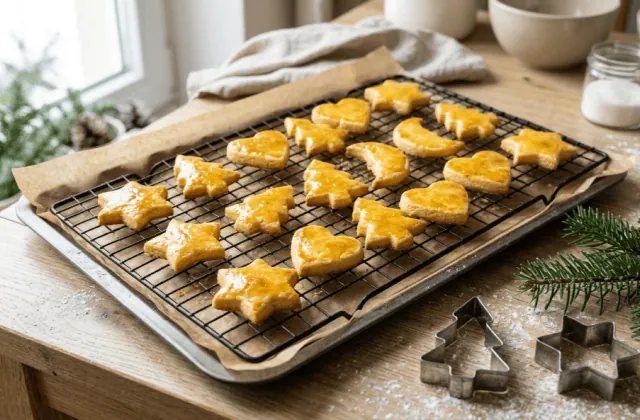 Butterbredele maison en étoiles, cœurs, sapins et lunes refroidissant sur une grille