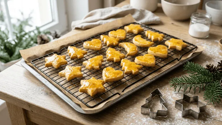 Butterbredele maison en étoiles, cœurs, sapins et lunes refroidissant sur une grille