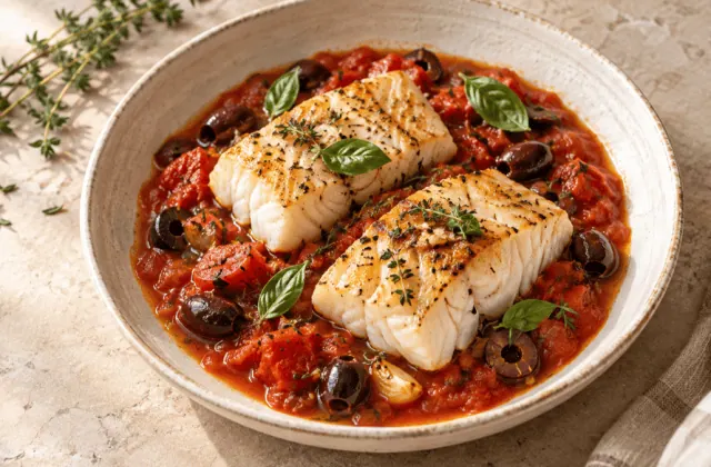 Dos de cabillaud sur sauce tomate aux olives, ail et herbes