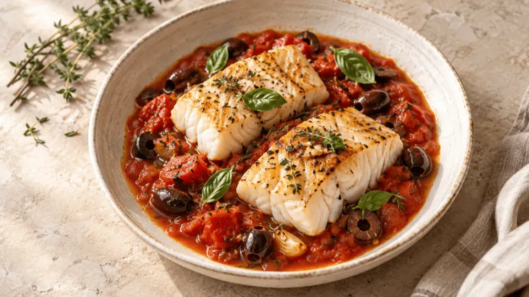 Dos de cabillaud sur sauce tomate aux olives, ail et herbes