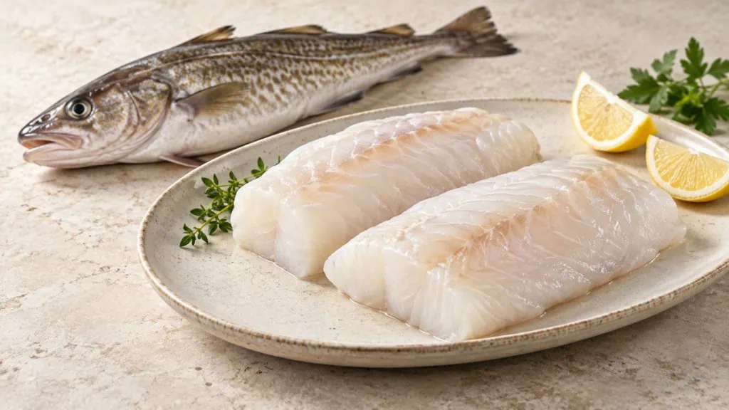 Dos de cabillaud cru et poisson entier sur une assiette en grès clair