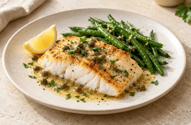 Filet de cabillaud poêlé avec sauce citron, câpres, persil et haricots verts