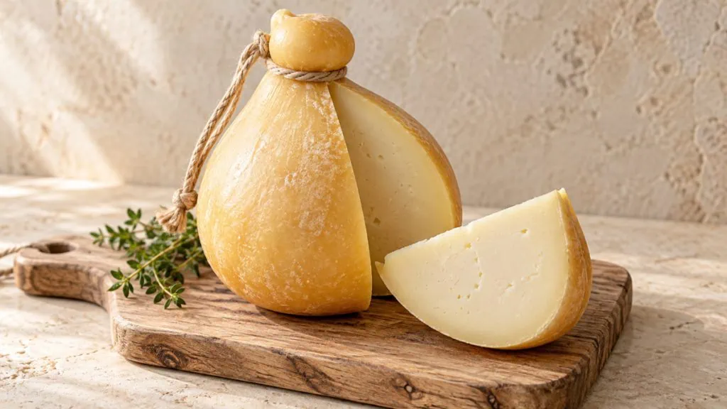 Fromage caciocavallo italien entier et coupé sur une planche