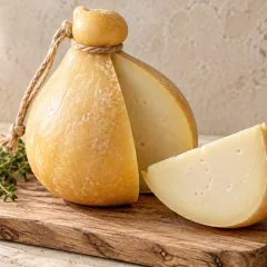 Fromage caciocavallo italien entier et coupé sur une planche