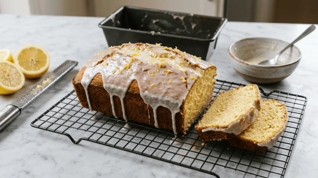 Cake au citron moelleux nappé de glaçage et zestes sur une grille, tranches coupées, citrons et râpe