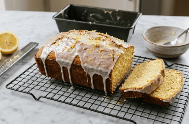 Cake au citron moelleux nappé de glaçage et zestes sur une grille, tranches coupées, citrons et râpe