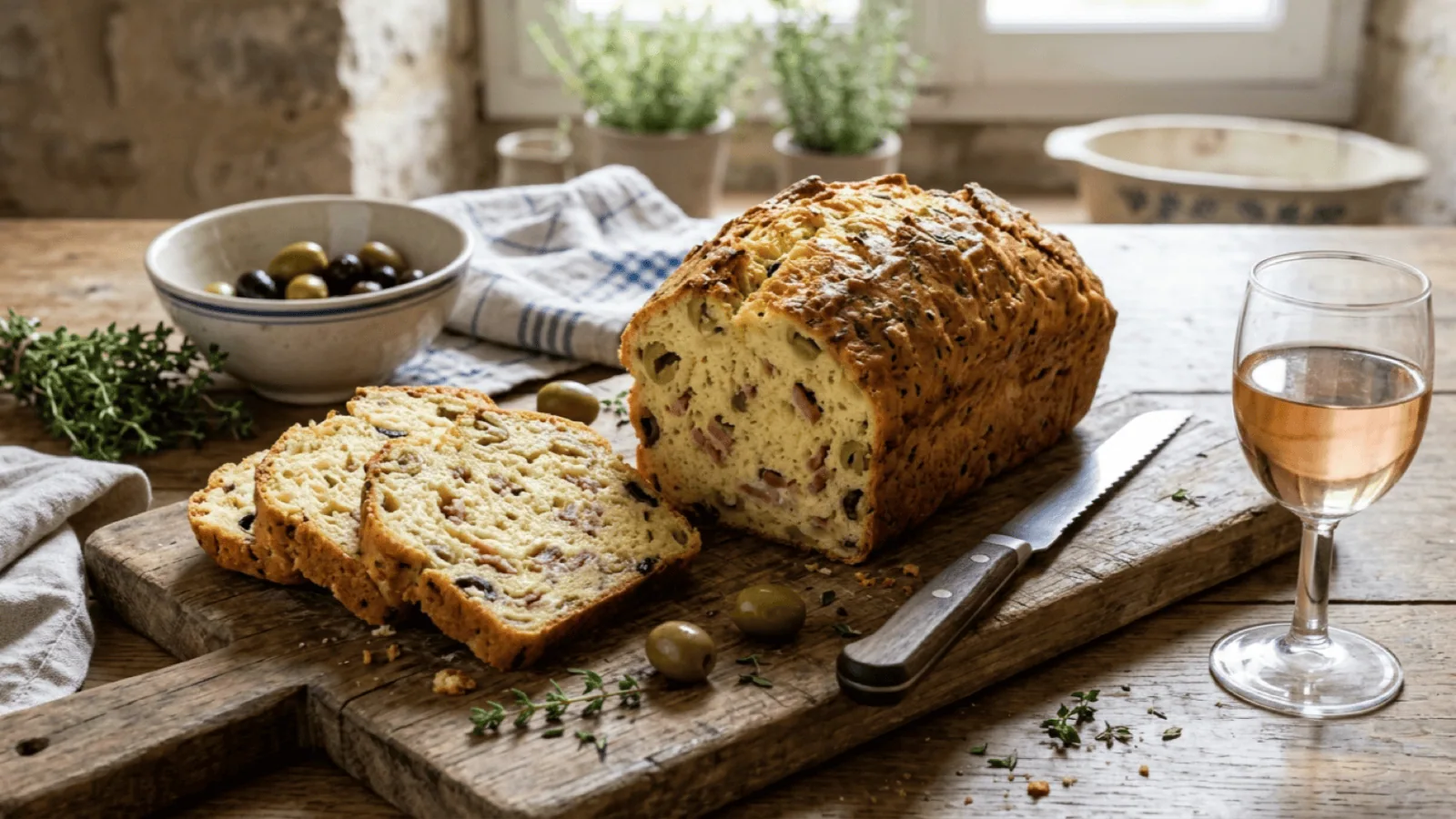 Cake aux olives et lardons tranché sur une planche : mie moelleuse aux olives vertes et noires, lardons et gruyère, verre de rosé