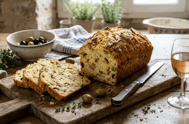 Cake aux olives et lardons tranché sur une planche : mie moelleuse aux olives vertes et noires, lardons et gruyère, verre de rosé