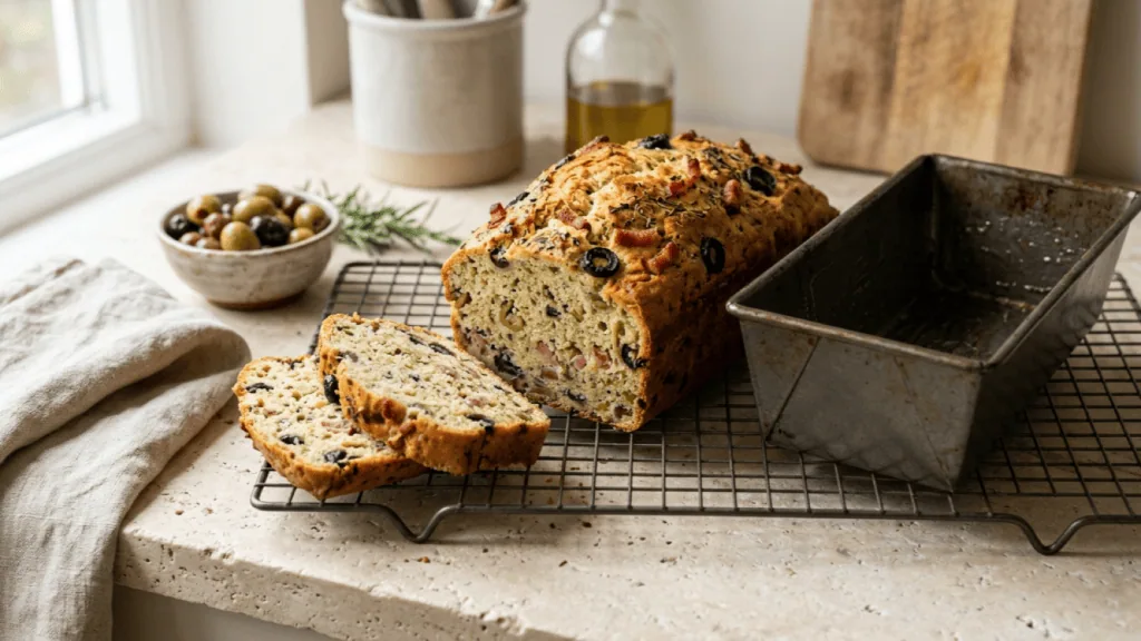 Cake moelleux olives-lardons maison démoulé sur une grille, deux tranches coupées et moule à côté