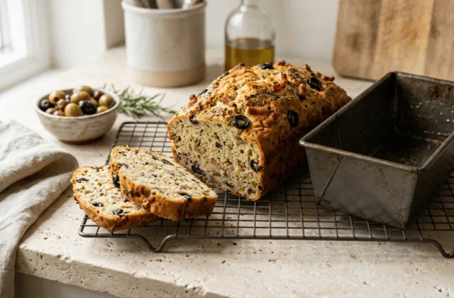 Cake moelleux olives-lardons maison démoulé sur une grille, deux tranches coupées et moule à côté