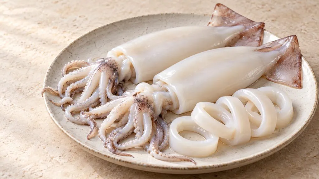 Calamars frais nettoyés avec tentacules et anneaux sur une assiette claire