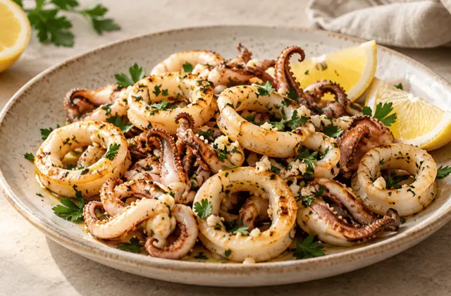 Calamars sautés et dorés avec ail, persil et citron