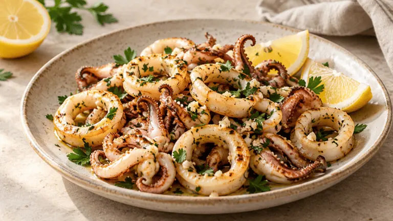 Calamars sautés et dorés avec ail, persil et citron