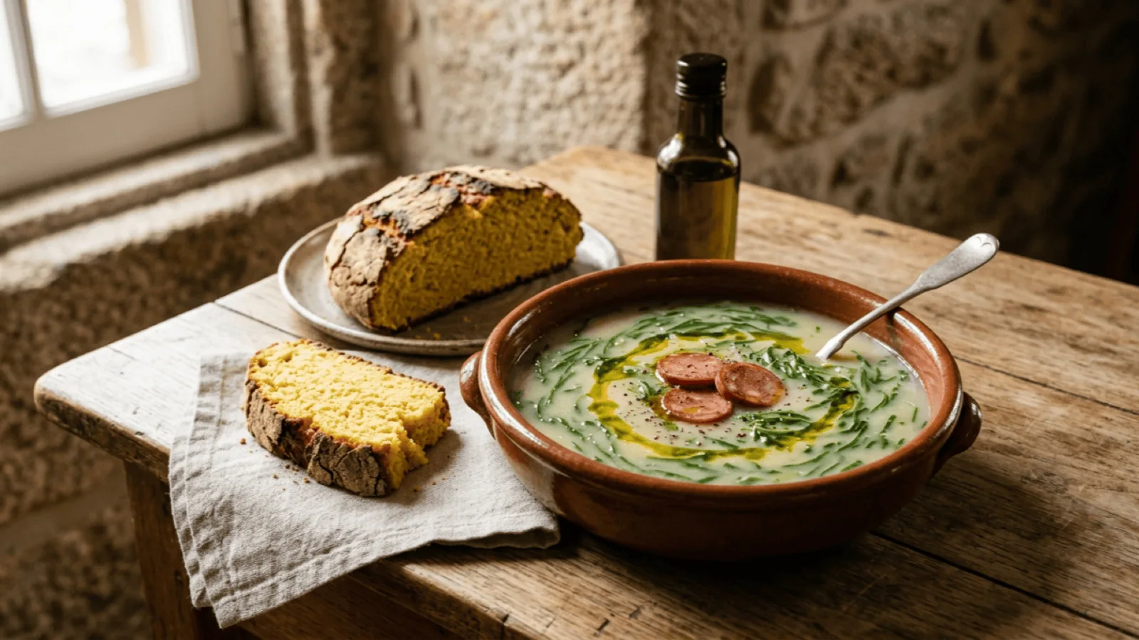 Caldo verde dans un bol en terre cuite : velouté de pommes de terre, fines lanières de chou, chouriço et filet d’huile d’olive, avec de la broa