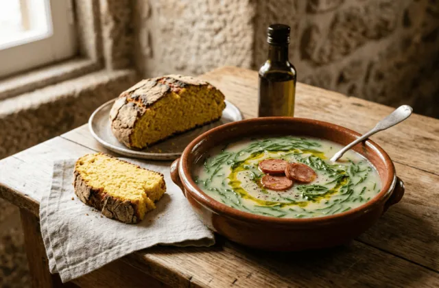 Caldo verde dans un bol en terre cuite : velouté de pommes de terre, fines lanières de chou, chouriço et filet d’huile d’olive, avec de la broa