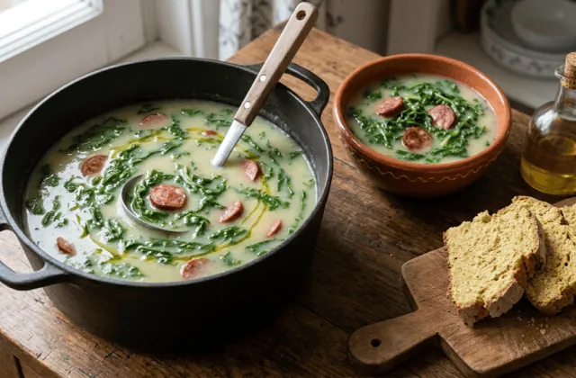 Caldo verde traditionnel en marmite : velouté de pommes de terre, lanières de chou vert, rondelles de chouriço, broa à côté