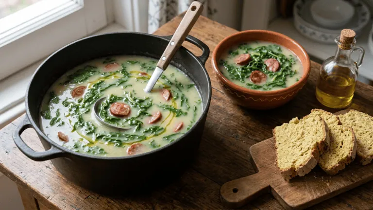 Caldo verde traditionnel en marmite : velouté de pommes de terre, lanières de chou vert, rondelles de chouriço, broa à côté
