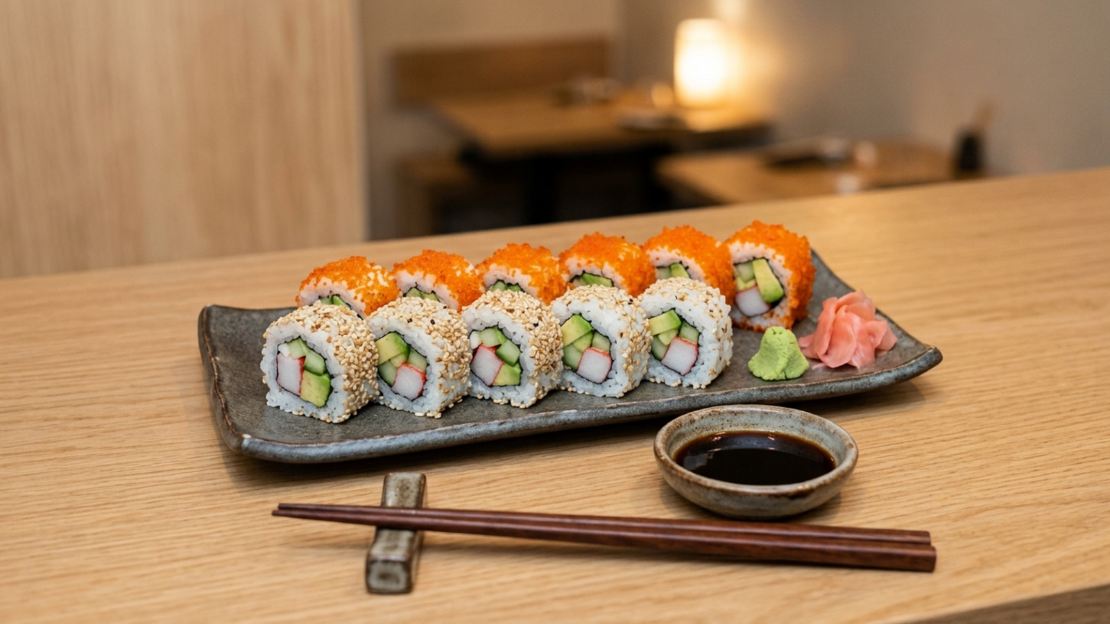 California rolls : uramaki riz à l’extérieur enrobés de sésame ou d’œufs de tobiko, surimi, avocat et concombre au cœur
