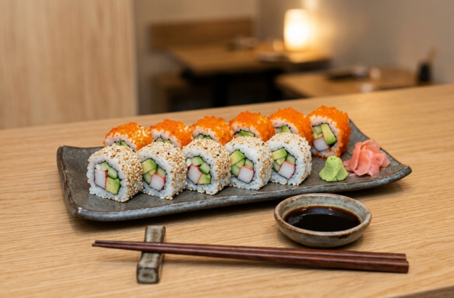 California rolls : uramaki riz à l’extérieur enrobés de sésame ou d’œufs de tobiko, surimi, avocat et concombre au cœur