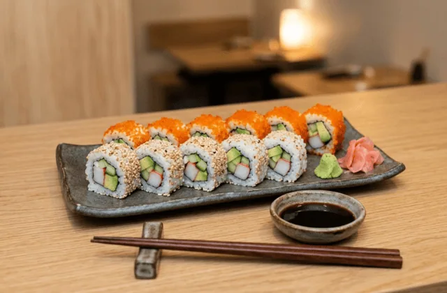 California rolls : uramaki riz à l’extérieur enrobés de sésame ou d’œufs de tobiko, surimi, avocat et concombre au cœur
