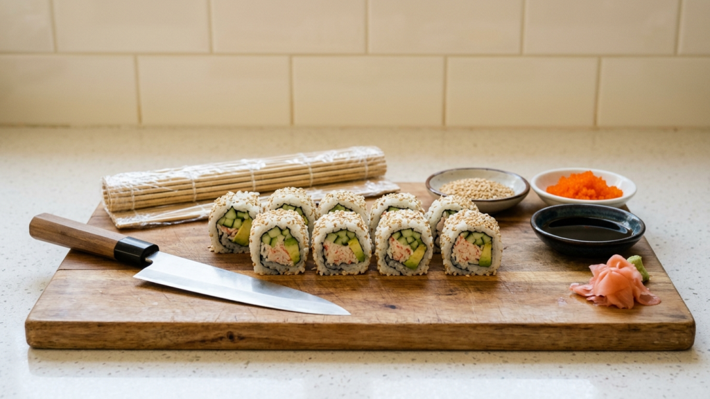 California rolls maison au sésame coupés sur la planche, natte filmée, tobiko, sauce soja et gingembre