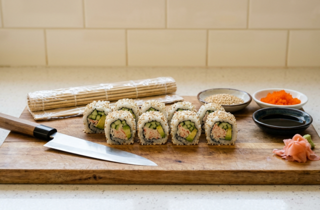 California rolls maison au sésame coupés sur la planche, natte filmée, tobiko, sauce soja et gingembre