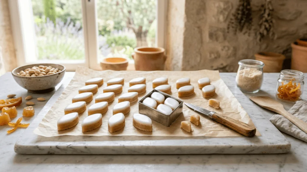 Calissons maison en losanges glacés de blanc sur papier cuisson, emporte-pièce, amandes et melon confit