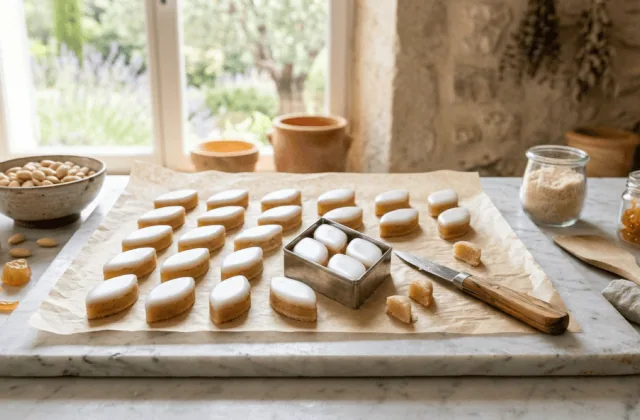 Calissons maison en losanges glacés de blanc sur papier cuisson, emporte-pièce, amandes et melon confit