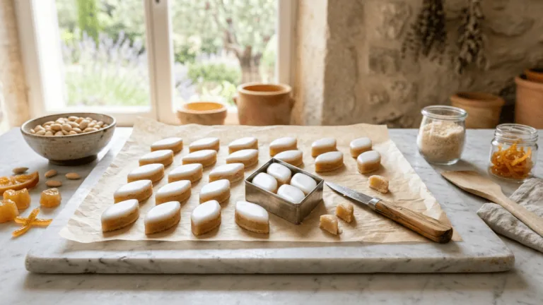 Calissons maison en losanges glacés de blanc sur papier cuisson, emporte-pièce, amandes et melon confit